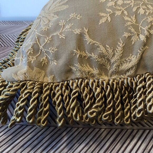 Vintage Tapestry Throw Pillow w/ Tassels Gold Tone Autumn Maple Leaf Print - Picture 5 of 9